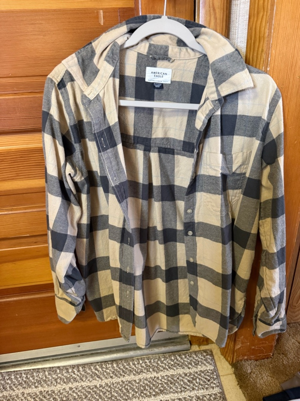 American Eagle Outfitters Beige and Black Plaid Button-Down Shirt